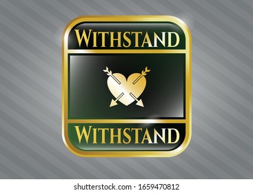  Golden badge with heart with two arrows icon and Withstand text inside