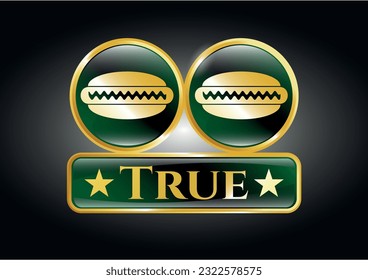 Golden badge with hot dog icon and True text inside