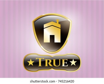  Golden badge with house icon and True text inside