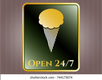  Golden badge with ice cream icon and Open 24/7 text inside