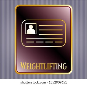  Golden badge with identification card icon and Weightlifting text inside