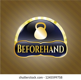  Golden badge with kettlebell icon and Beforehand text inside
