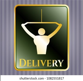  Golden badge with lat pull down, exercise icon and Delivery text inside