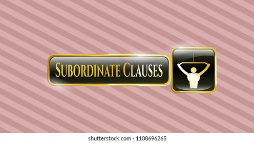   Golden badge with lat pull down, exercise icon and Subordinate Clauses text inside