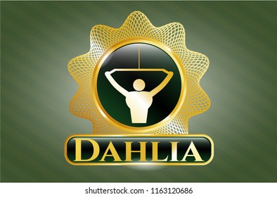  Golden badge with lat pull down, exercise icon and Dahlia text inside