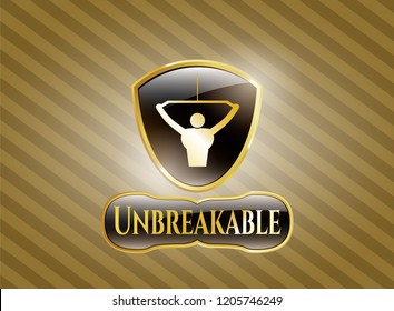  Golden badge with lat pull down, exercise icon and Unbreakable text inside