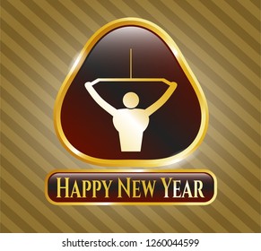  Golden badge with lat pull down, exercise icon and Happy New Year text inside
