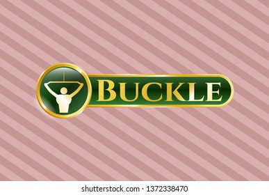  Golden badge with lat pull down, exercise icon and Buckle text inside