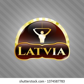  Golden badge with lat pull down, exercise icon and Latvia text inside