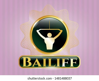  Golden badge with lat pull down, exercise icon and Bailiff text inside