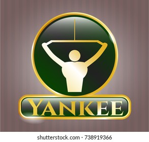  Golden badge with lat pull down, exercise icon and Yankee text inside