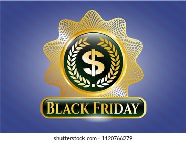  Golden badge with laurel wreath with money symbol inside icon and Black Friday text inside
