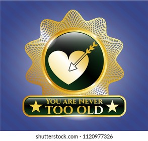  Golden badge with love icon and You are Never too old text inside
