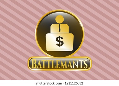  Golden badge with man working on computer icon and Battlemants text inside