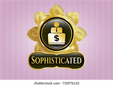  Golden badge with man working on computer icon and Sophisticated text inside