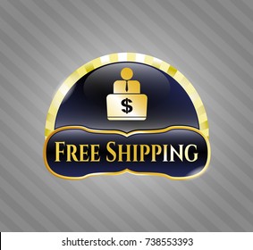  Golden badge with man working on computer icon and Free Shipping text inside
