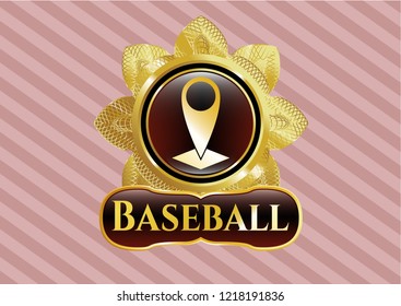  Golden badge with map pointer icon and Baseball text inside