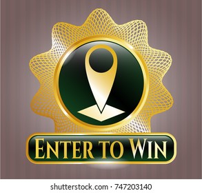  Golden badge with map pointer icon and Enter to Win text inside