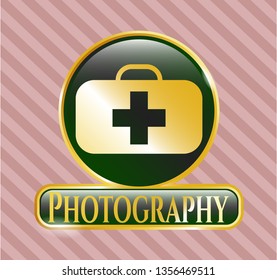  Golden badge with medical briefcase icon and Photography text inside