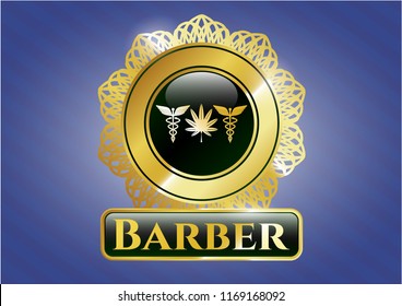  Golden badge with medicinal weed icon and Barber text inside