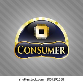  Golden badge with microchip, microprocessor icon and Consumer text inside