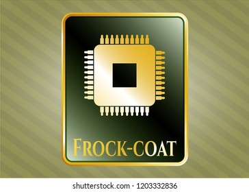  Golden badge with microchip, microprocessor icon and Frock-coat text inside
