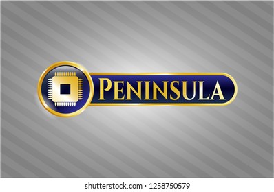  Golden badge with microchip, microprocessor icon and Peninsula text inside