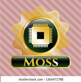  Golden badge with microchip, microprocessor icon and Moss text inside