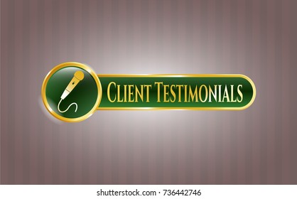  Golden badge with microphone icon and Client Testimonials text inside