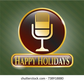  Golden badge with microphone icon and Happy Holidays text inside