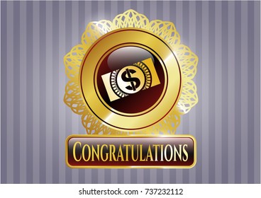  Golden badge with money, dollar bill icon and Congratulations text inside