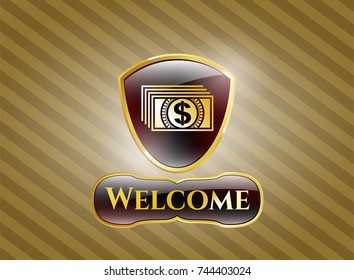  Golden badge with money icon and Welcome text inside