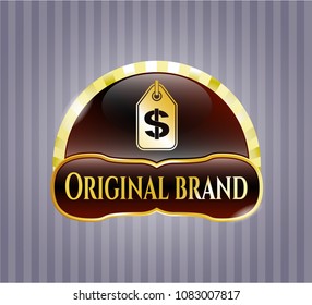   Golden badge with money tag icon and Original Brand text inside
