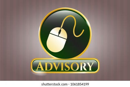   Golden badge with mouse icon and Advisory text inside