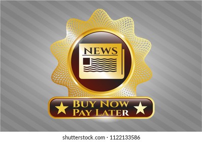  Golden badge with newspaper icon and Buy Now Pay Later text inside