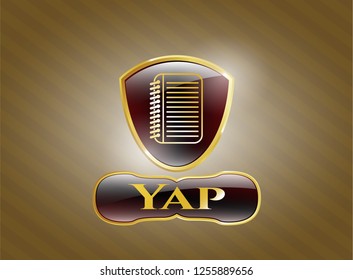  Golden badge with note book icon and Yap text inside