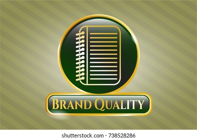  Golden badge with note book icon and Brand Quality text inside
