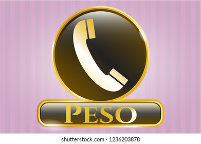  Golden badge with old phone icon and Peso text inside