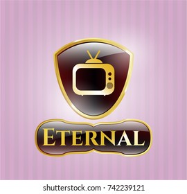  Golden badge with old tv, television icon and Eternal text inside