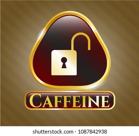   Golden badge with open lock icon and Caffeine text inside