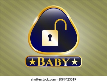   Golden badge with open lock icon and Baby text inside