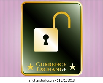  Golden badge with open lock icon and Currency Exchange text inside