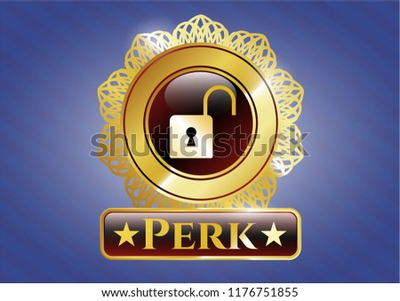  Golden badge with open lock icon and Perk text inside
