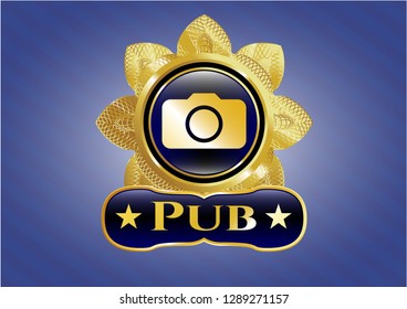 Golden badge with photo camera icon and Pub text inside