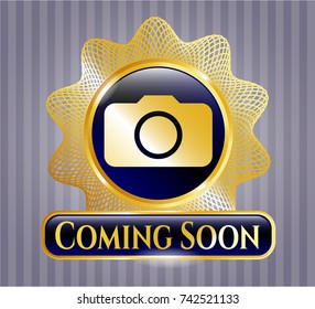  Golden badge with photo camera icon and Coming Soon text inside