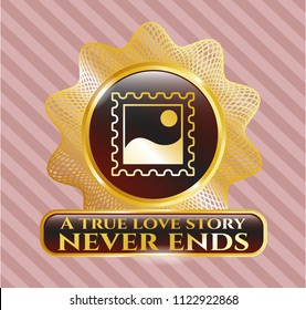  Golden badge with picture icon and A true love story never ends text inside