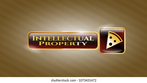   Golden badge with pizza slice icon and Intellectual property text inside