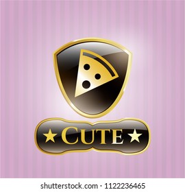  Golden badge with pizza slice icon and Cute text inside