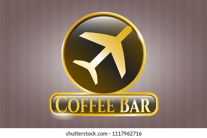  Golden badge with plane icon and Coffee Bar text inside