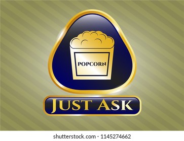  Golden badge with popcorn icon and Just Ask text inside